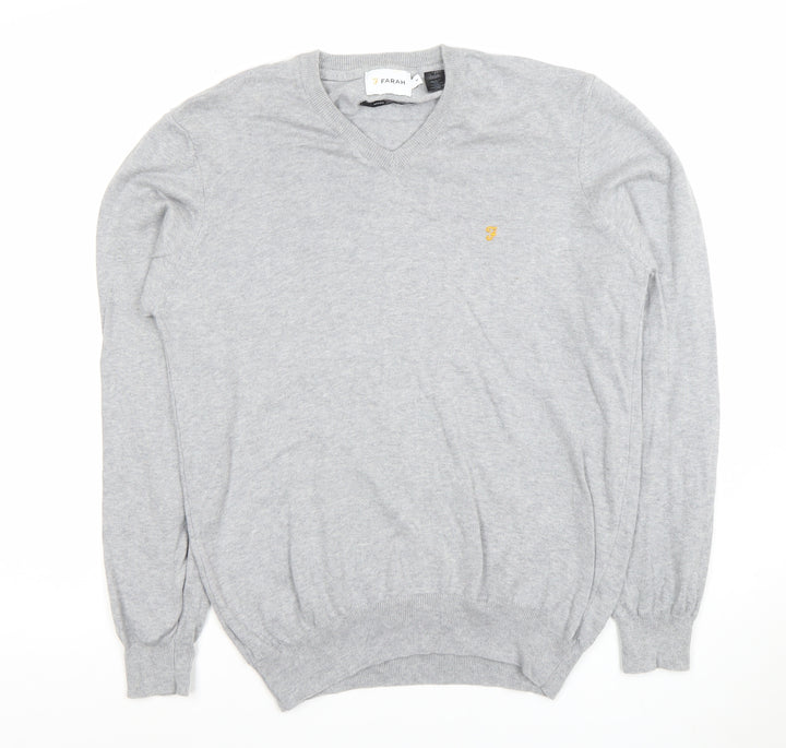 Farah Men's Grey Cotton V-Neck Jumper Size M Lightweight Knit