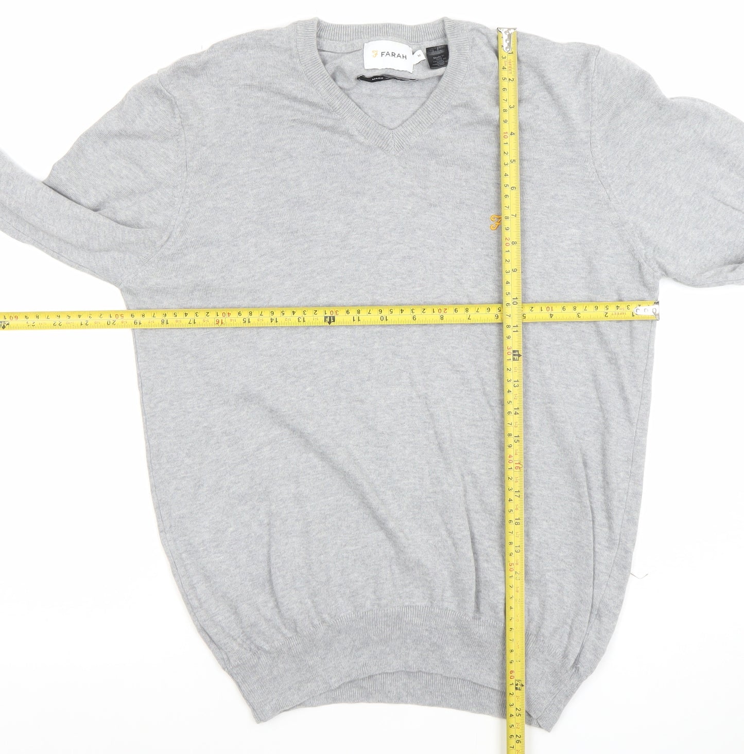 Farah Men's Grey Cotton V-Neck Jumper Size M Lightweight Knit