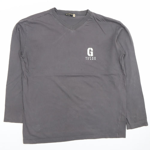 Guess Men Grey V-Neck Long Sleeve Cotton T-Shirt Size L