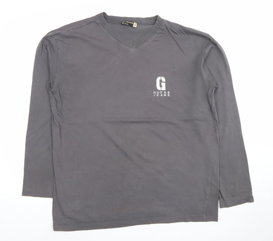 Guess Men Grey V-Neck Long Sleeve Cotton T-Shirt Size L