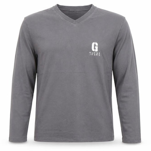 Guess Men Grey V-Neck Long Sleeve Cotton T-Shirt Size L