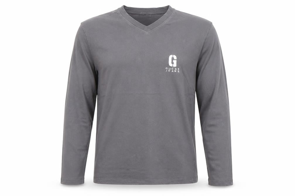Guess Men Grey V-Neck Long Sleeve Cotton T-Shirt Size L