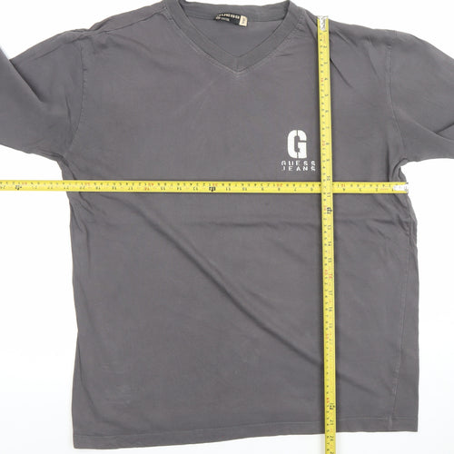 Guess Men Grey V-Neck Long Sleeve Cotton T-Shirt Size L