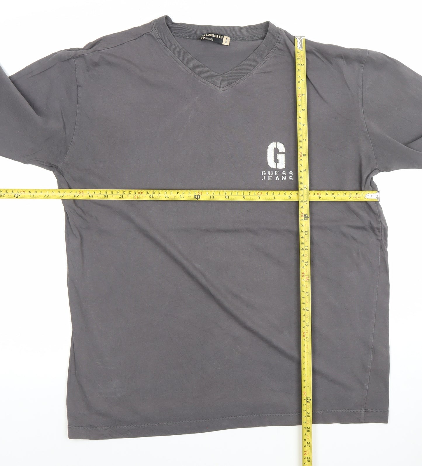 Guess Men Grey V-Neck Long Sleeve Cotton T-Shirt Size L