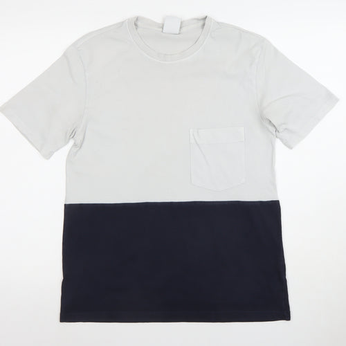 Zara Men Grey Blue Colourblock Cotton Crew Neck T-Shirt Size S