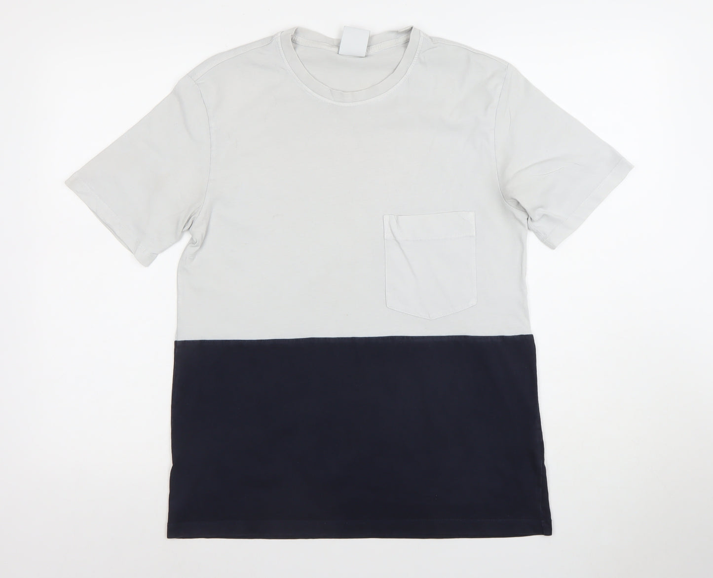 Zara Men Grey Blue Colourblock Cotton Crew Neck T-Shirt Size S