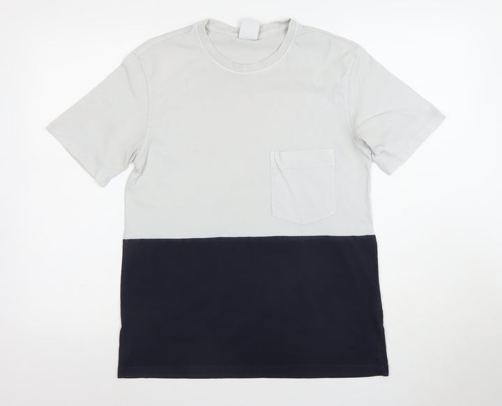 Zara Men Grey Blue Colourblock Cotton Crew Neck T-Shirt Size S