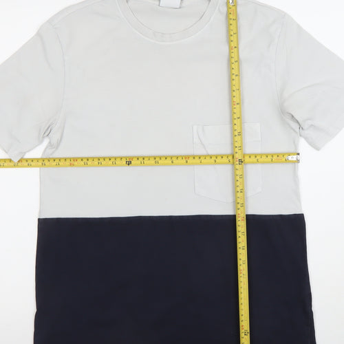 Zara Men Grey Blue Colourblock Cotton Crew Neck T-Shirt Size S