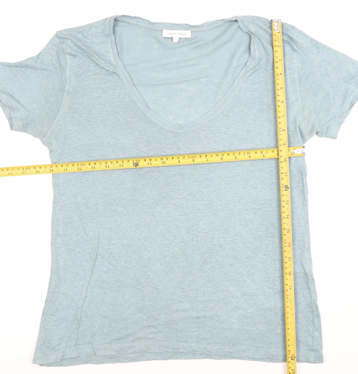 Second Female Women’s Blue Linen V-Neck Short Sleeve T-Shirt Size S