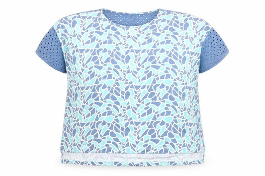 Front view of Emreco Women's Blue Short Sleeve Floral Tunic Blouse UK 20