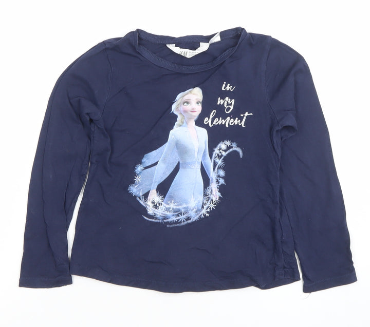 H&M Girls Navy Long Sleeve Frozen Elsa Graphic T-Shirt 4-6 Years