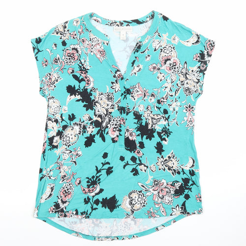 Dana Buchman Women's Blue Floral V-Neck Short Sleeve Tunic Blouse Size S
