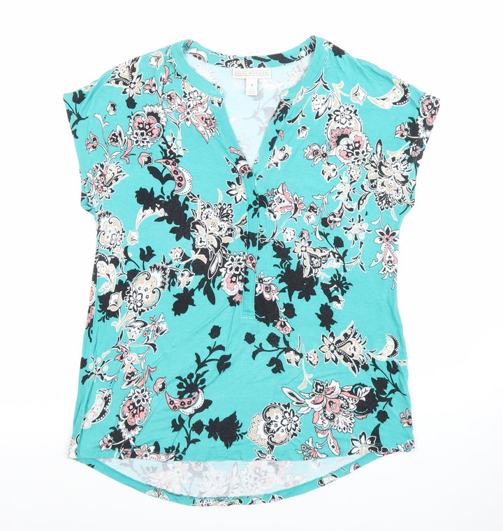 Dana Buchman Women's Blue Floral V-Neck Short Sleeve Tunic Blouse Size S