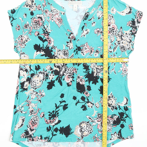 Dana Buchman Women's Blue Floral V-Neck Short Sleeve Tunic Blouse Size S