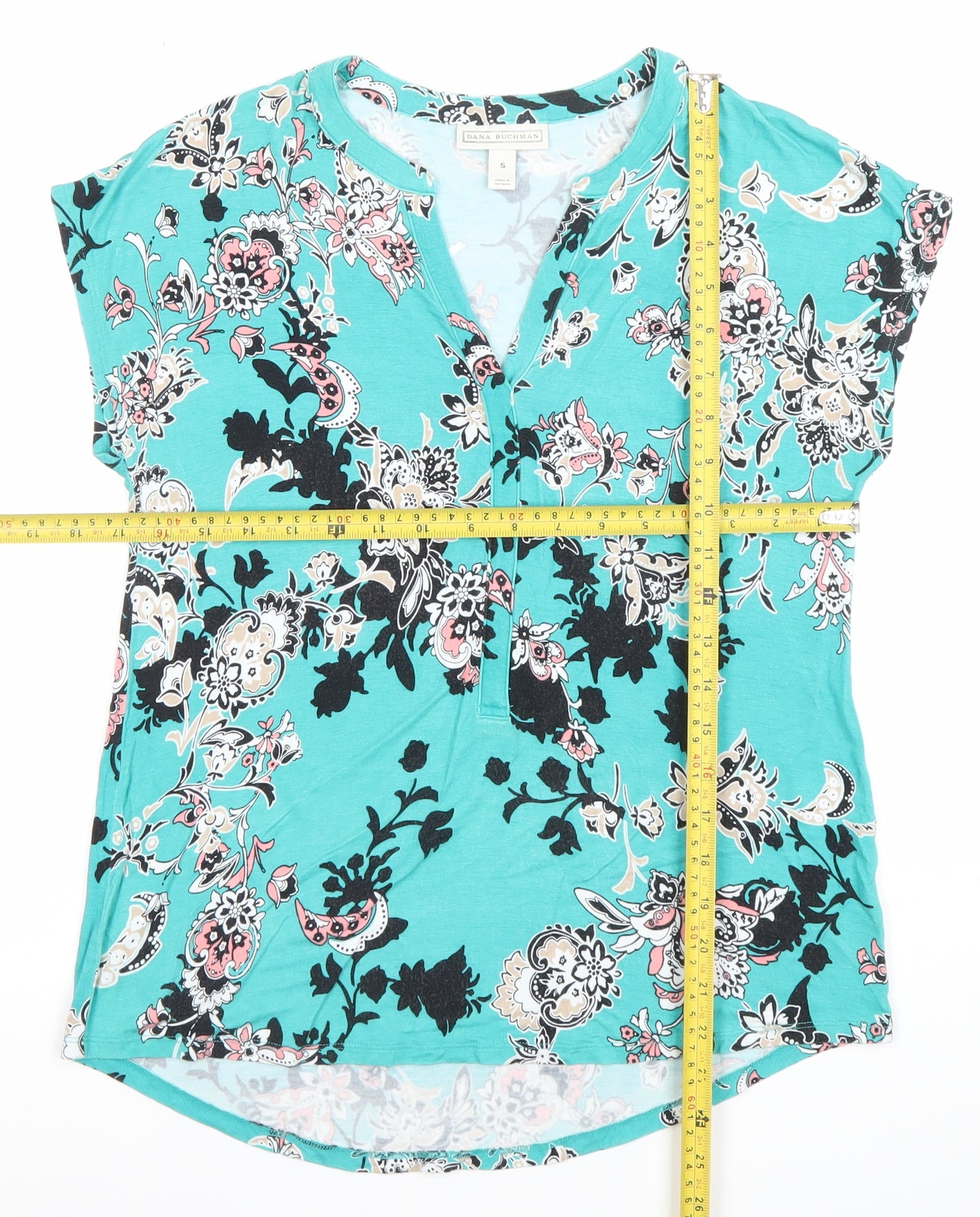 Dana Buchman Women's Blue Floral V-Neck Short Sleeve Tunic Blouse Size S