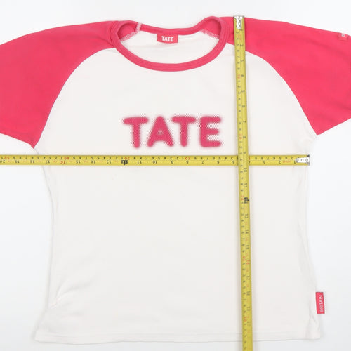 Tate Womens White Pink Ringer Raglan Short Sleeve Cotton T-Shirt M