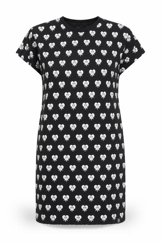 Front view of Bad Monday women’s black graphic t-shirt dress, size UK 10
