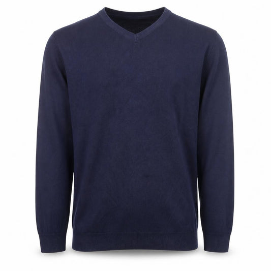 Front view of John Lewis boys’ navy blue v-neck jumper 15/16 years cotton blend knit