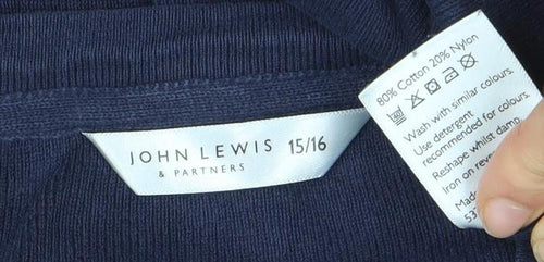 John Lewis Boys Navy Blue V-Neck Jumper 15/16 Years Cotton Blend Knit
