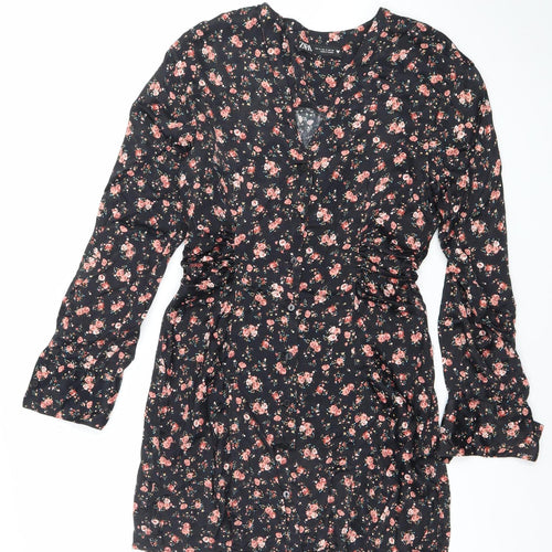 Zara Women Black Floral A-Line Short Dress Size S Long Sleeve V-Neck