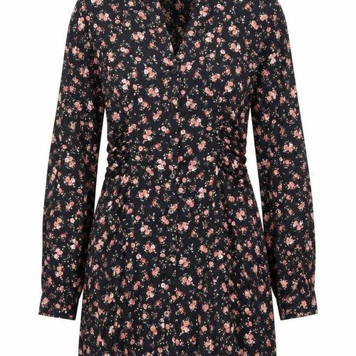 Zara Women Black Floral A-Line Short Dress Size S Long Sleeve V-Neck