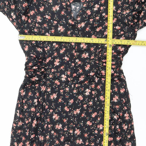 Zara Women Black Floral A-Line Short Dress Size S Long Sleeve V-Neck