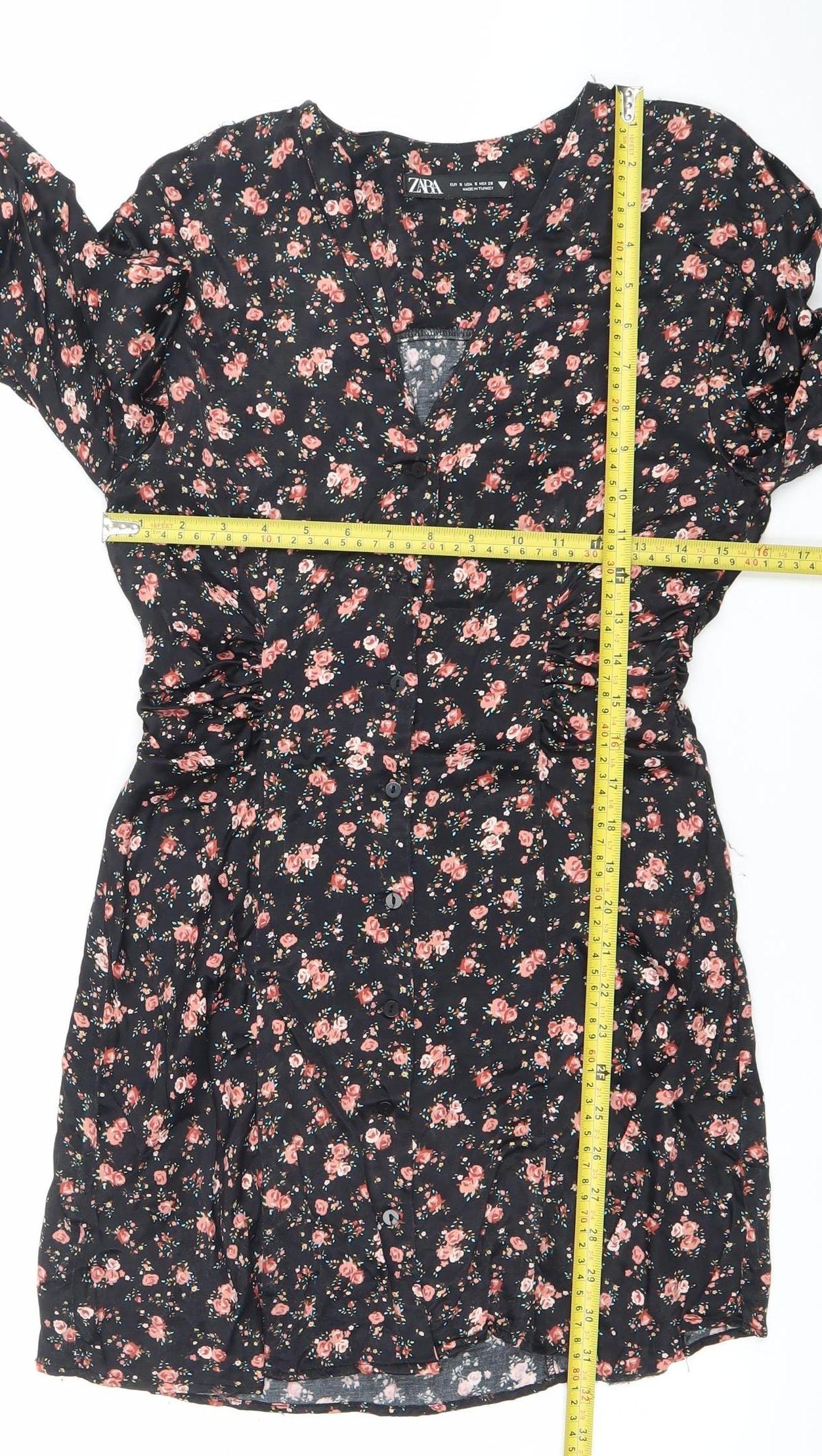 Zara Women Black Floral A-Line Short Dress Size S Long Sleeve V-Neck
