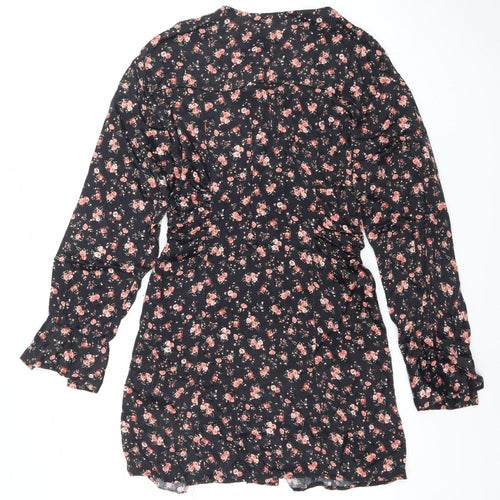 Zara Women Black Floral A-Line Short Dress Size S Long Sleeve V-Neck
