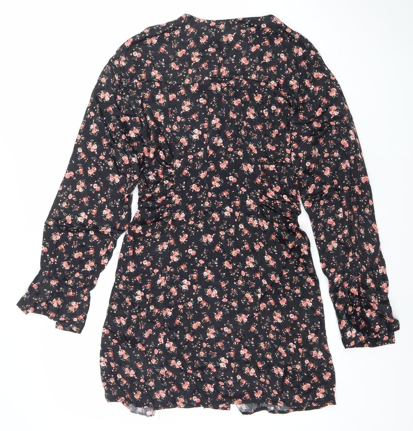 Zara Women Black Floral A-Line Short Dress Size S Long Sleeve V-Neck