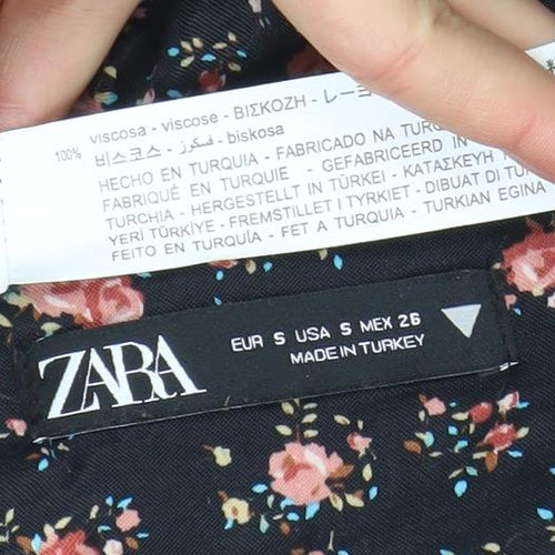 Zara Women Black Floral A-Line Short Dress Size S Long Sleeve V-Neck