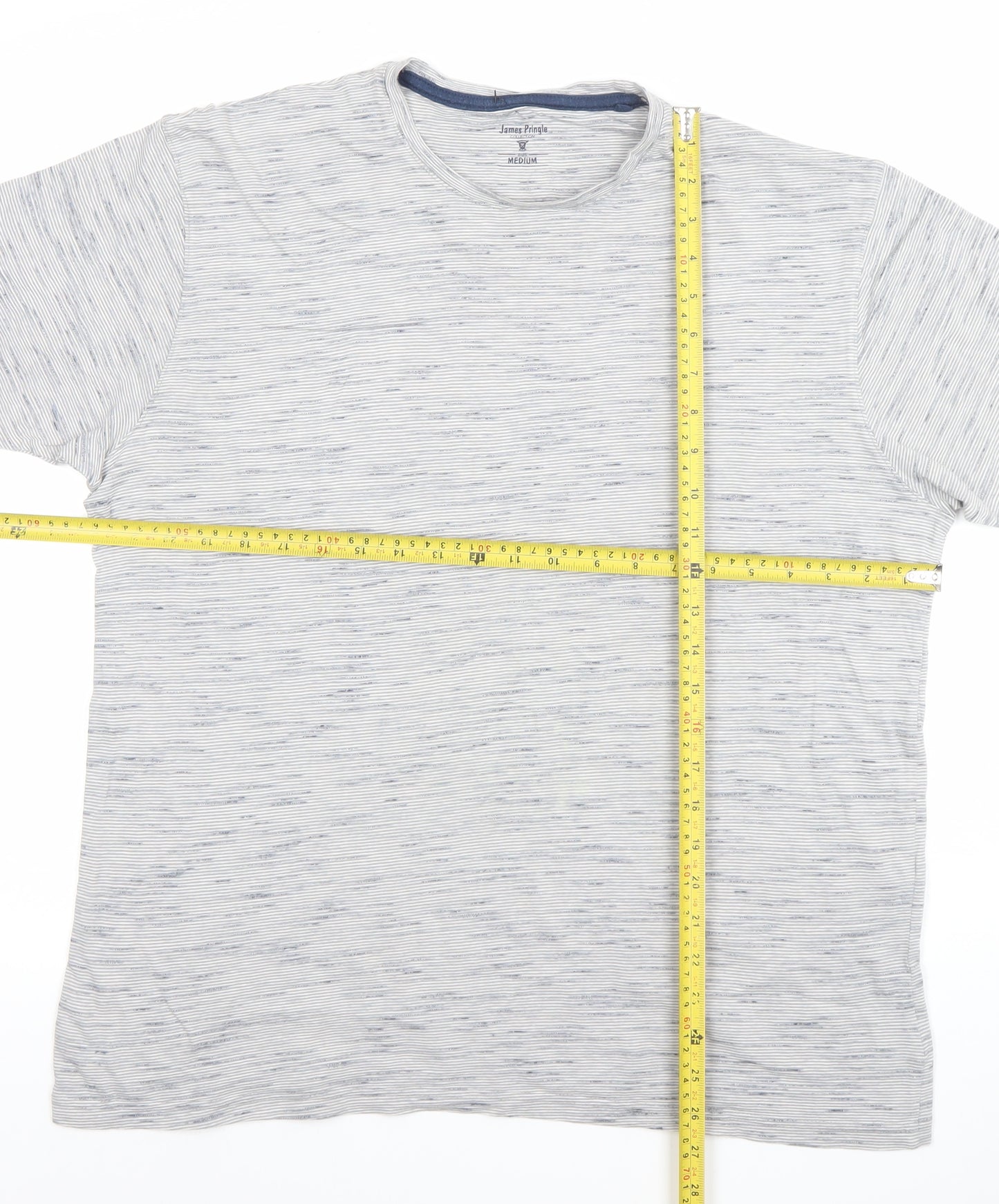 James Pringle Men’s Grey Striped Crew Neck Cotton Blend T-Shirt Size M
