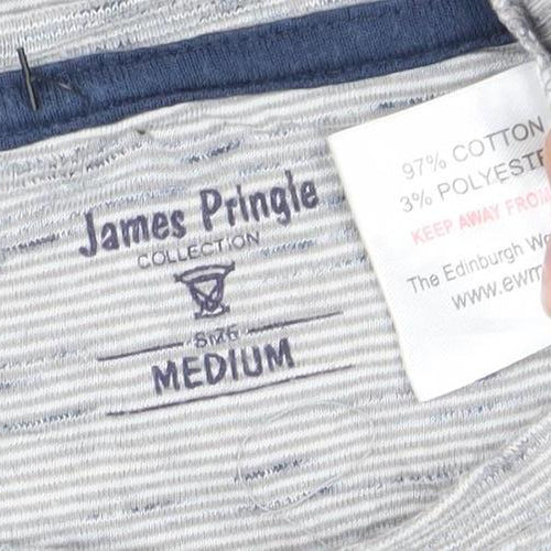 James Pringle Men’s Grey Striped Crew Neck Cotton Blend T-Shirt Size M