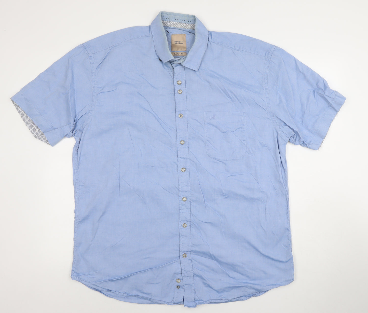 Benetti Men's Blue Cotton Short Sleeve Button-Up Shirt XL Comfort Fit