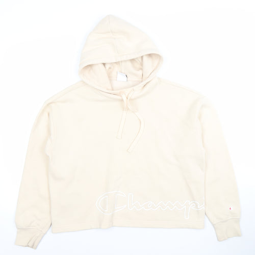 Champion Womens Beige Pullover Hoodie Medium Cotton Blend Logo Casual Sweatshirt