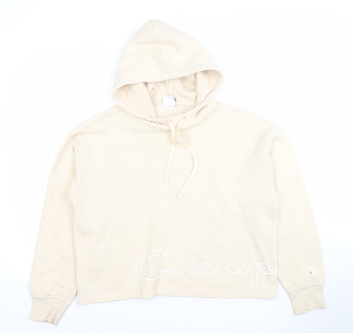 Champion Womens Beige Pullover Hoodie Medium Cotton Blend Logo Casual Sweatshirt