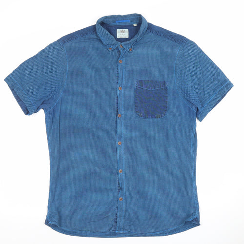 River Island Men's Blue Short Sleeve Button-Up Cotton Shirt M