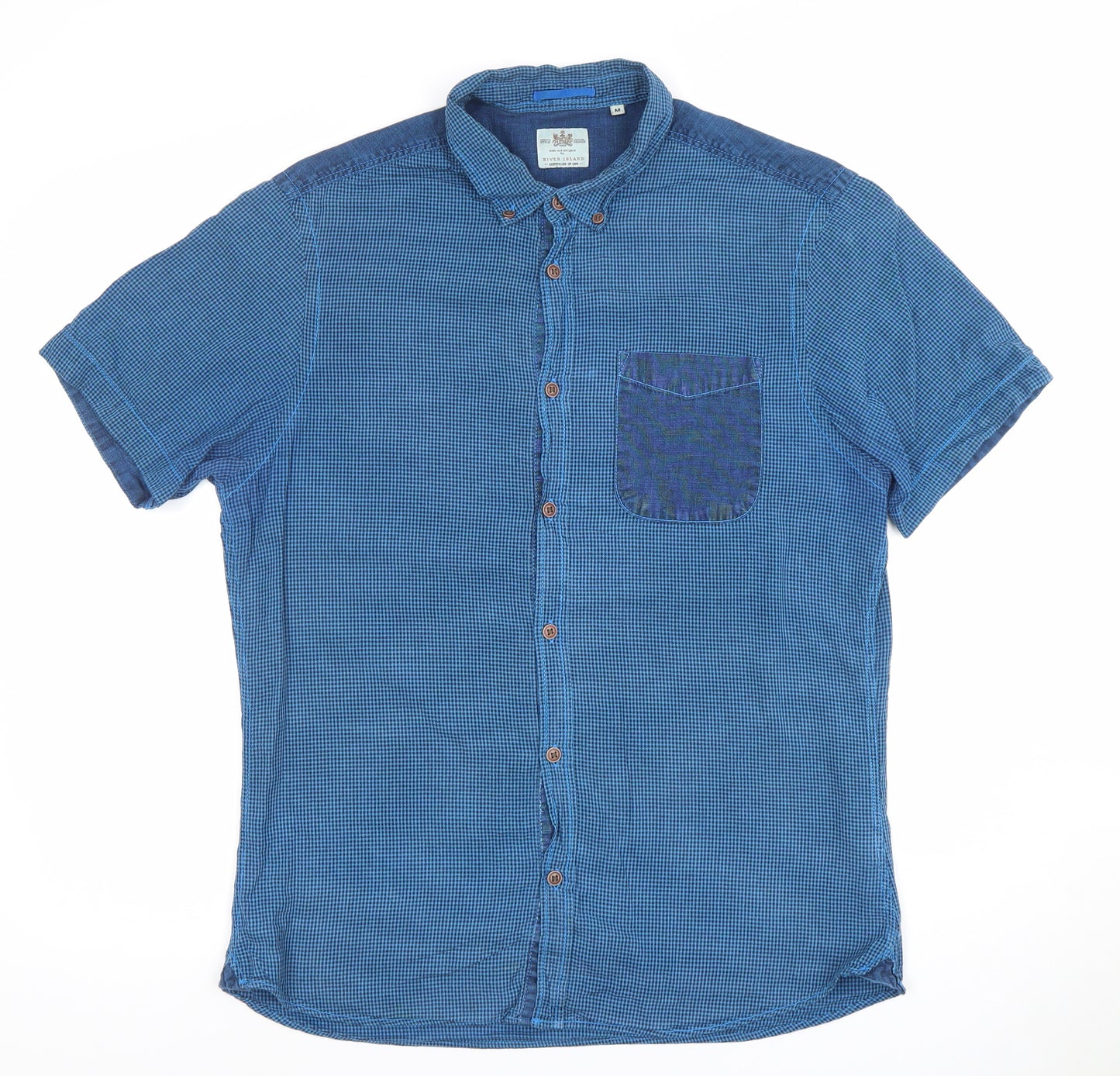River Island Men's Blue Short Sleeve Button-Up Cotton Shirt M