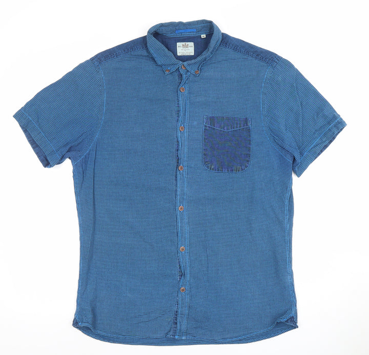 River Island Men's Blue Short Sleeve Button-Up Cotton Shirt M