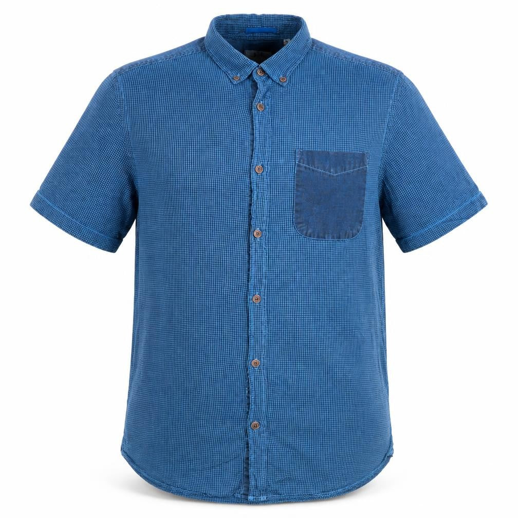 Front view of River Island Men's Blue Short Sleeve Button-Up Cotton Shirt M