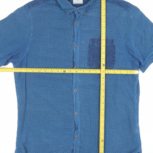 River Island Men's Blue Short Sleeve Button-Up Cotton Shirt M