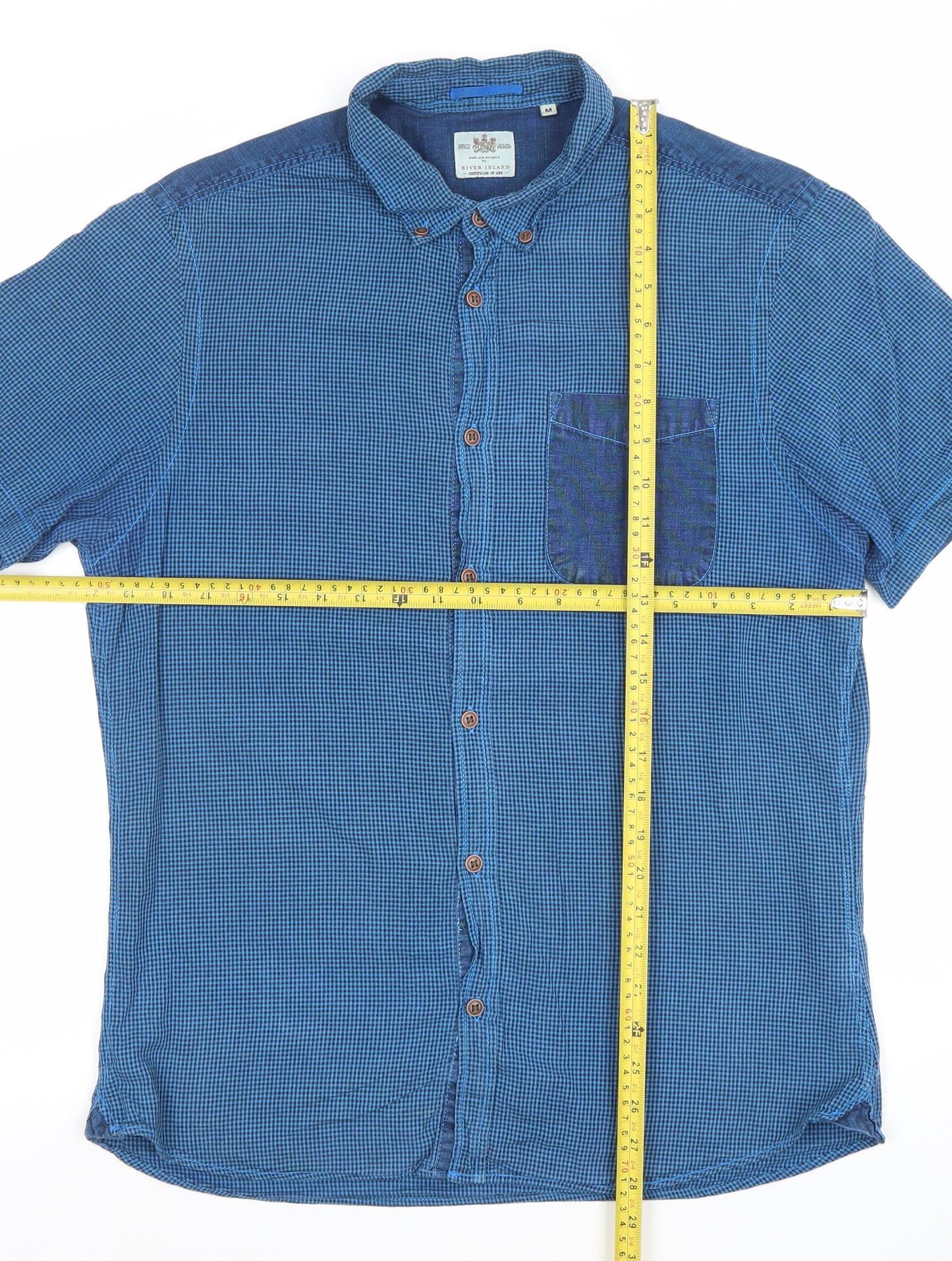 River Island Men's Blue Short Sleeve Button-Up Cotton Shirt M