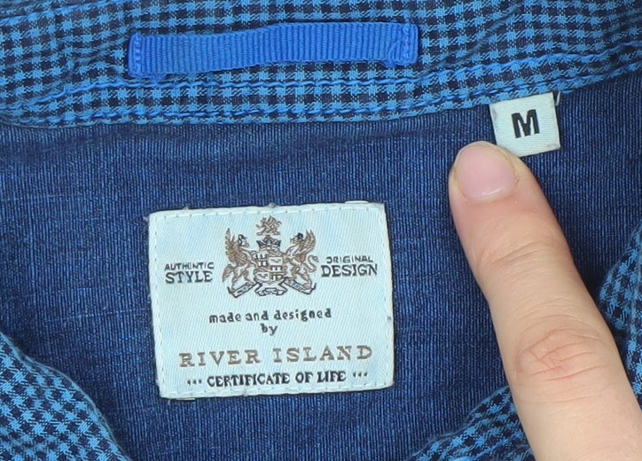 River Island Men's Blue Short Sleeve Button-Up Cotton Shirt M