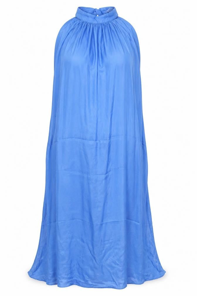 Front view of Gallery Women's Blue Halter Long Summer Dress, size M, Viscose