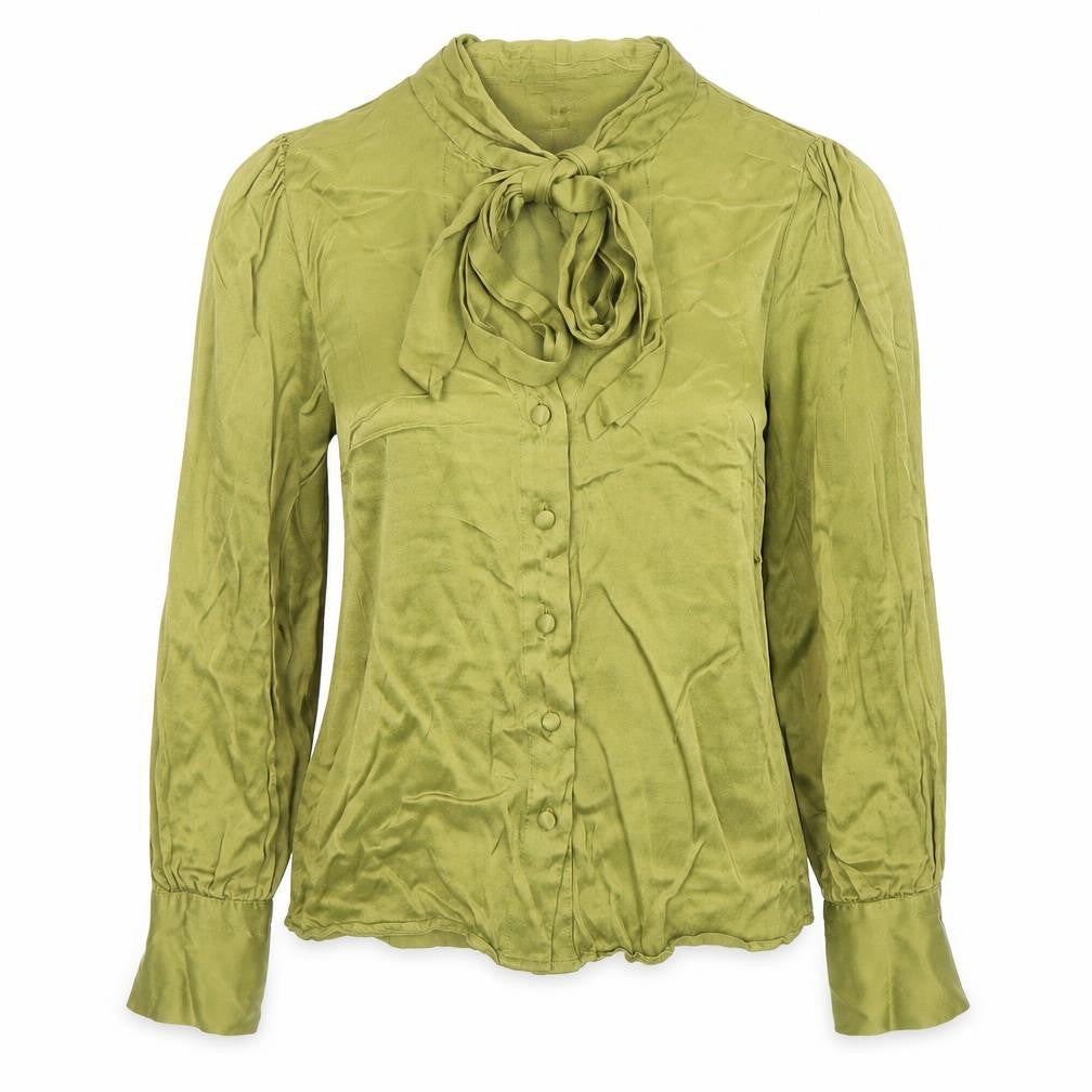 Front view of RESERVED women’s green tie neck long sleeve viscose blouse, size UK 6