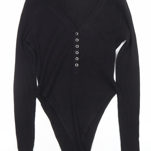 Monki Womens Black Long Sleeve Ribbed V-Neck Bodysuit Size M