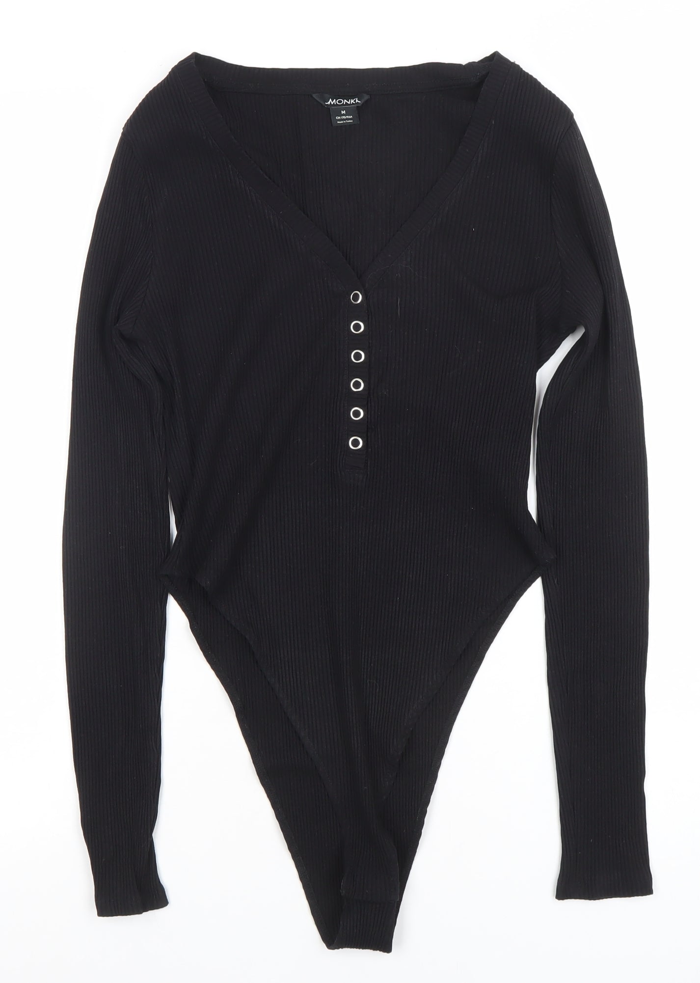 Monki Womens Black Long Sleeve Ribbed V-Neck Bodysuit Size M
