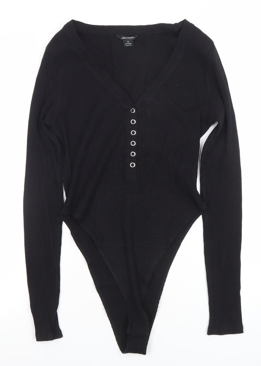 Monki Womens Black Long Sleeve Ribbed V-Neck Bodysuit Size M