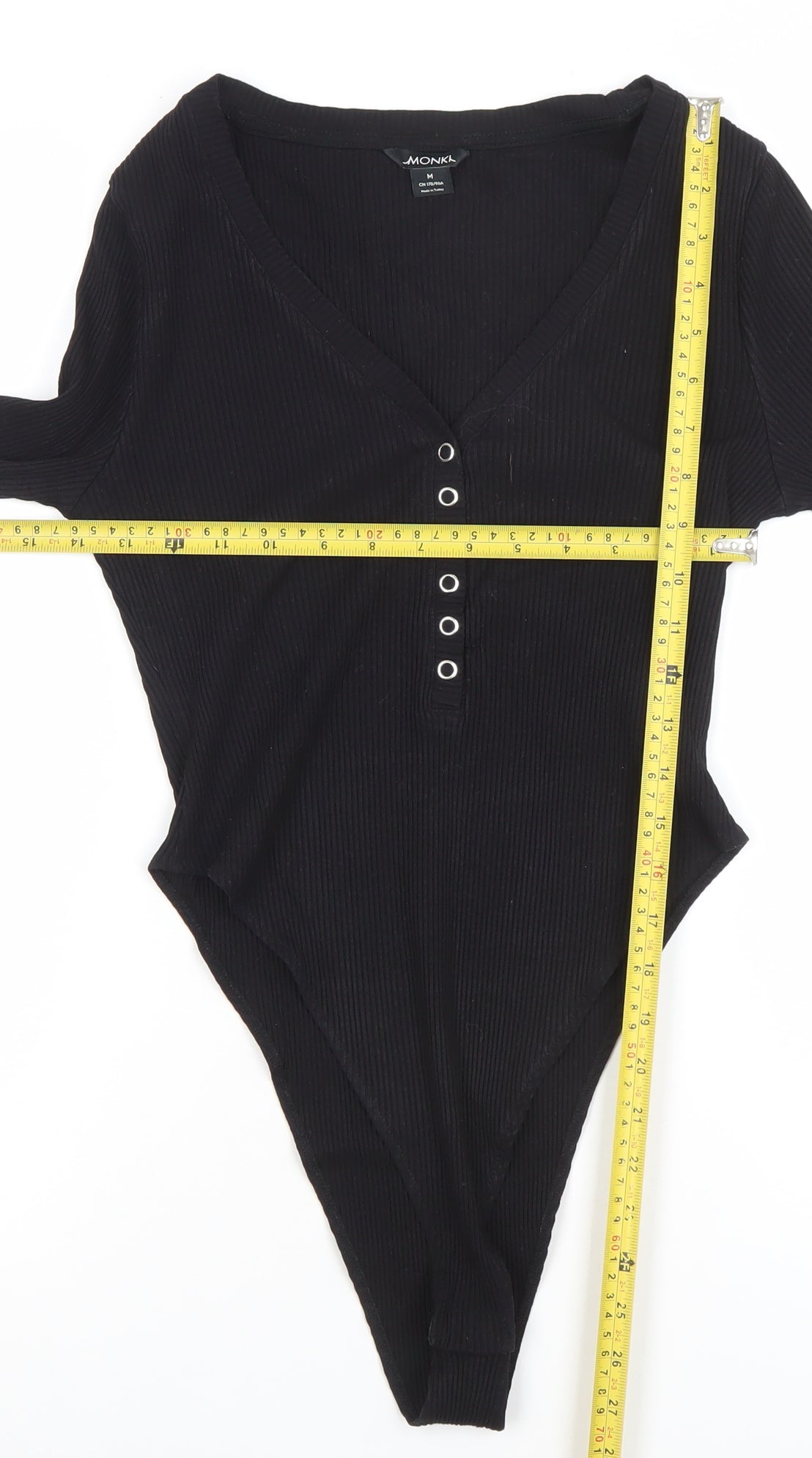 Monki Womens Black Long Sleeve Ribbed V-Neck Bodysuit Size M