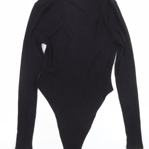 Monki Womens Black Long Sleeve Ribbed V-Neck Bodysuit Size M