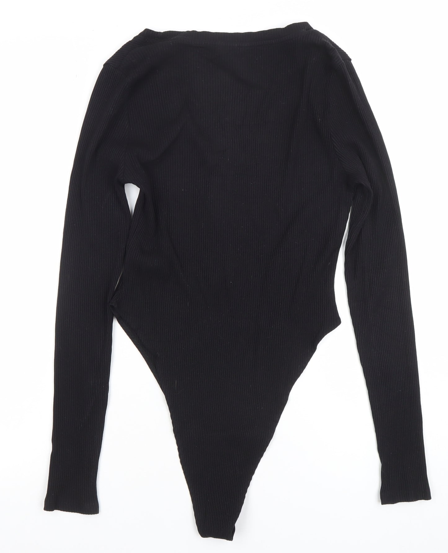 Monki Womens Black Long Sleeve Ribbed V-Neck Bodysuit Size M